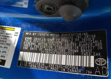 2009 Toyota Corolla Le из США, поврежденный, VIN 2T1BU40E29C092201